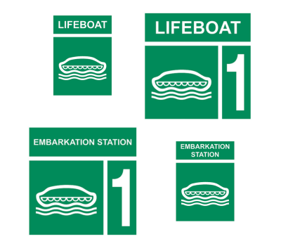 Lifeboat and Embarking Station Location Sign - Location of Lifeboat and Embarking Stations Safety Signs - Escape Route Safety Sign for Embarking Station to Lifeboat