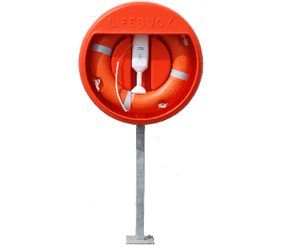 Lifebuoy, Line, Housing & Galv Pole - Hard-Surface Set for Fixing Directly to Hard Ground - Lifering , Cabinet , Throwing Line and Galvanised Base Plate Pole - SET 2D