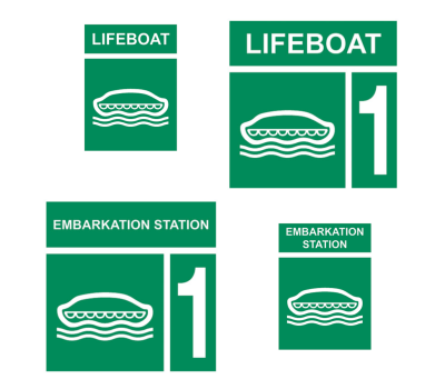 Lifeboat and Embarking Station Location Sign - Location of Lifeboat and Embarking Stations Safety Signs - Escape Route Safety Sign for Embarking Station to Lifeboat