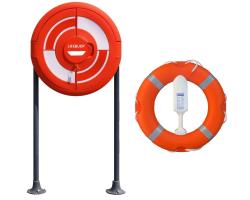 Lifebuoy, Line, Cabinet with Doors and GRP Poles  x 2 - Life Ring Hard-Surface Housing Set  with Base Plate Poles for Securing Directly To A Hard Surface  - Tamper Seal included - Integrated SET 3D