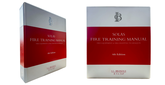 A side-by-side view of the new hardcover 4th Edition SOLAS Fire Training Manual featuring white and red design with I.C. Brindle branding/logos.