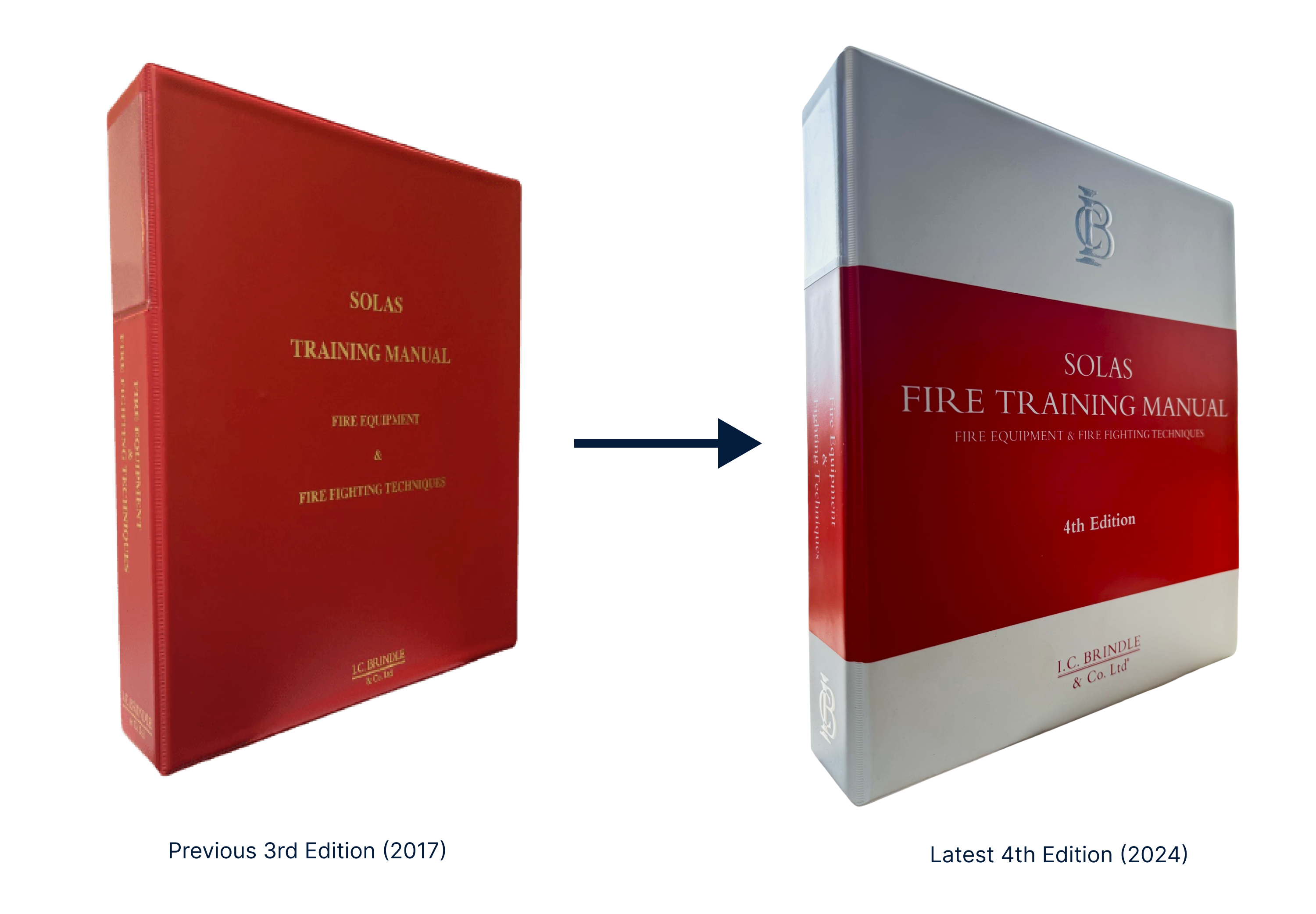 A side-by-side view of the previous 3rd edition Fire Training Manual and the new 2024 4th Edition SOLAS Fire Training Manual