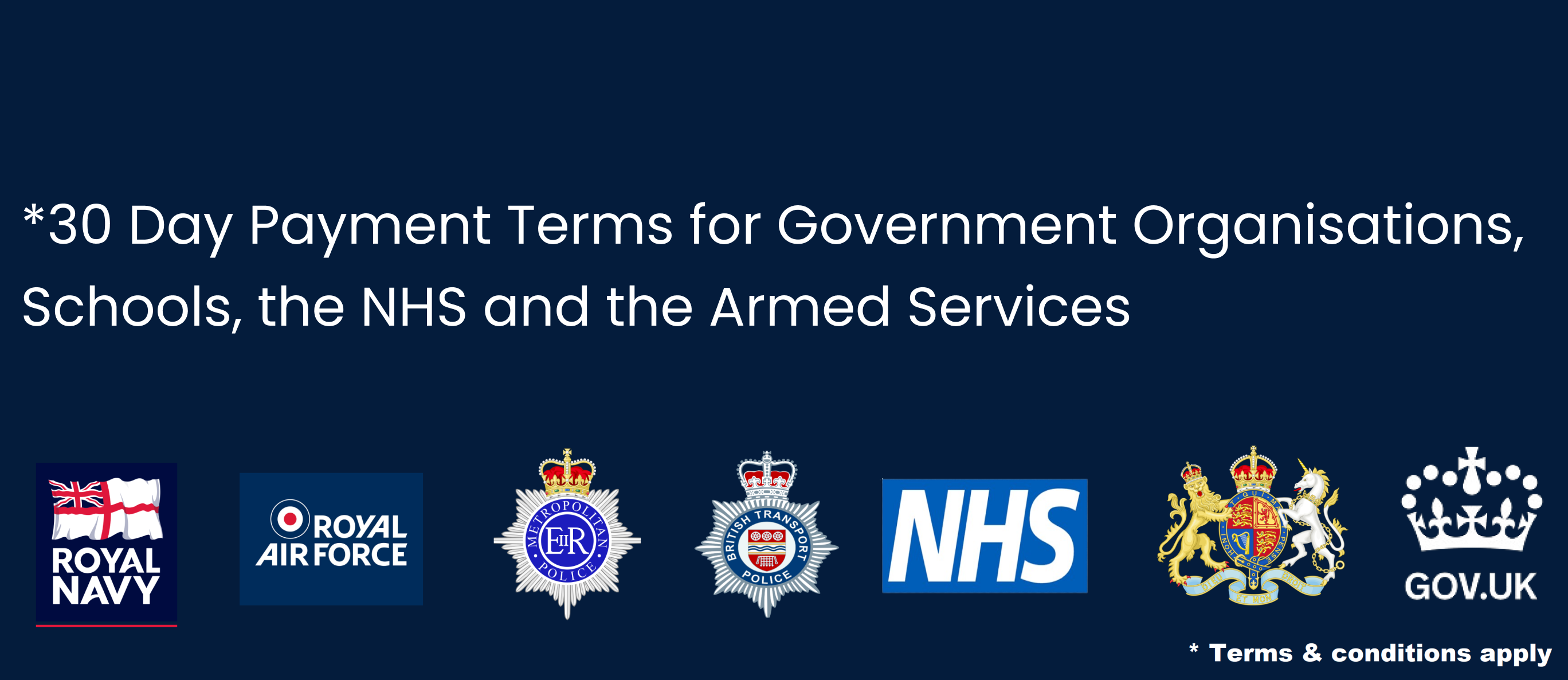 I.C. Brindle offers 30-day payment terms for government organisations, schools, the NHS, and armed services. Notable organisations who I.C. Brindle have worked with before are visible below the text, such as the RAF, NHS, and Royal Navy. 