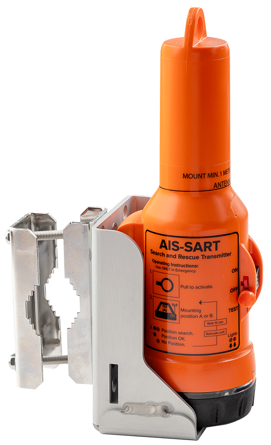 High-resolution image of the Tron AIS SART mounted in the liferaft bracket, operational instruction are visible with diagrams on the side of the equipment. 