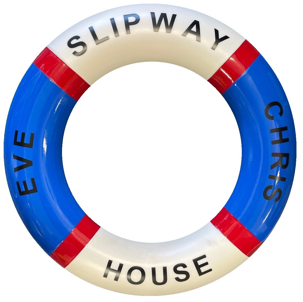 Blue and White, with red border lifebuoy